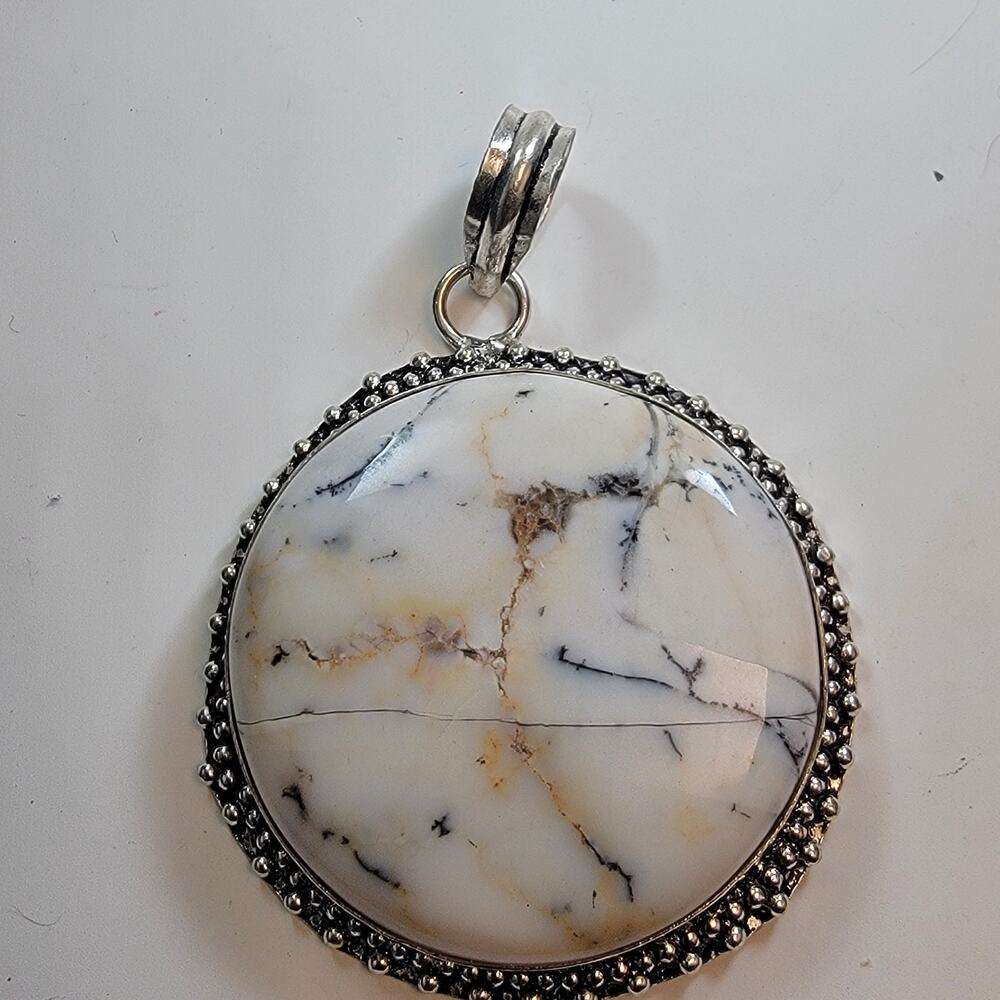 Handcrafted Round Dendritic Opal Pendant with Sterling Silver Necklace Design